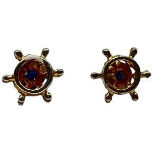 Vintage Nautical Ship Wheel Stud Earrings Gold Tone Maritime Red Blue